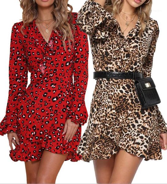 

casual comfortable chiffon ladies dresses leopard print womens summer shirt v neck long sleeve fashion clothing, Black;gray
