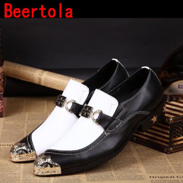 

2020 genuine leather metal head men's dress shoes pointed toe shoes men noble party wedding flats masculine white black