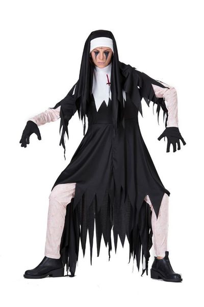 

halloween horror bloody nuns priest clothes missionary costumes irregular black long dress zombie, Black;red