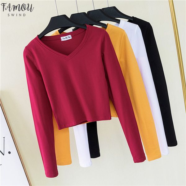 

v neck basic t shirt women long sleeve crop 2020 spring tee shirt women solid korean style t shirt cotton new, White