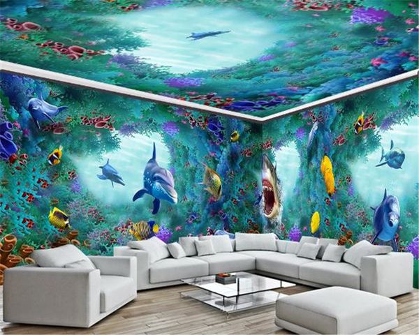 Atacado Photo Wallpaper Espaço Underwater World tubarão Dolphin Full House Background personalizado pintura de parede Wallpaper