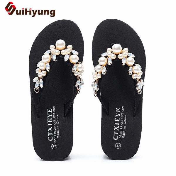 

suihyung women outside flip flops summer beach shoes fashion beaded crystal wedges slippers woman casual slides platform sandals, Black