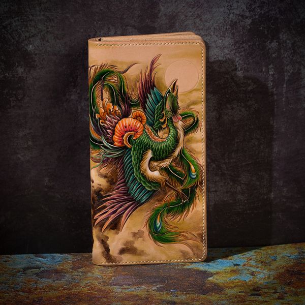 

high-end handmade wallets carving phoenix purses men long clutch vegetable tanned leather wallet card holder, Red;black