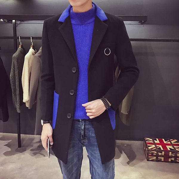 

fashion boutique 2019 new winter blends coat men leisure long mens patchwork casual coats & jackets men korean overcoat m-xxl, Black