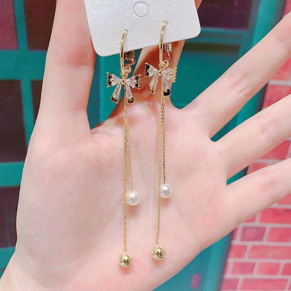 

silver needle korean temperament long zircon bow imitation pearl tassel earrings fashion sweet girl women's jewelry accessories