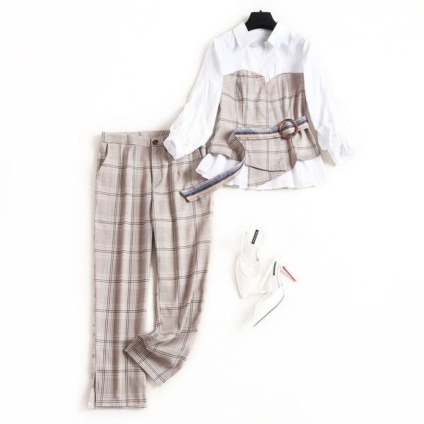 

европейский клетчатый костюм брюки женский 2002 пакет сращивание рубашка карандаш брюки из двух частей набор 52553, White