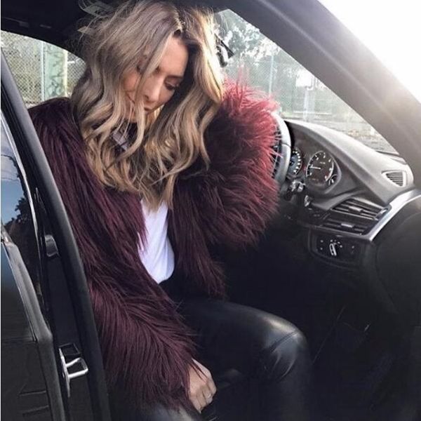 

2018 burgundy faux sheep fur coat 4 inches long hairy long sleeve shaggy outwear women autumn winter warm mid coat, Black