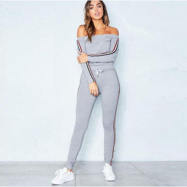 

spring ensemble female fashion tracksuit casual suit two piece women 's sets slash neck hoodies shirt +leggings pants fine, Gray