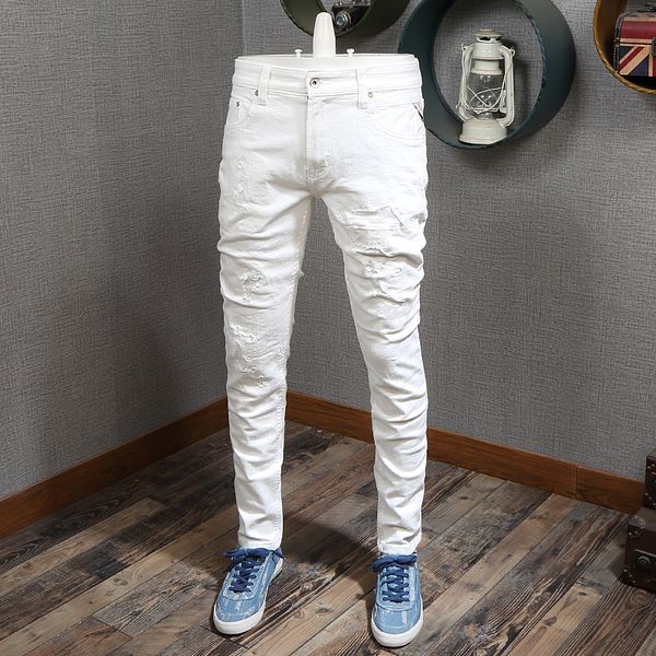 

men's jeans fashion streetwear men white color slim fit elastic ripped casual denim pants hip hop homme, Blue