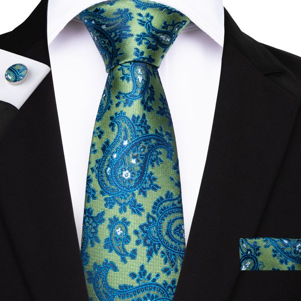 

hi-tie green tie with blue floral flower mens tie hankerchief cufflinks set sky silk business casual party necktie jacquard woven n-7114, Black;blue