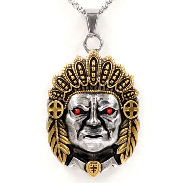 

punk stainless steel indian chief pendant chain necklace for men women necklaces & pendants hip hop fashion gold silver jewelry, Golden;silver