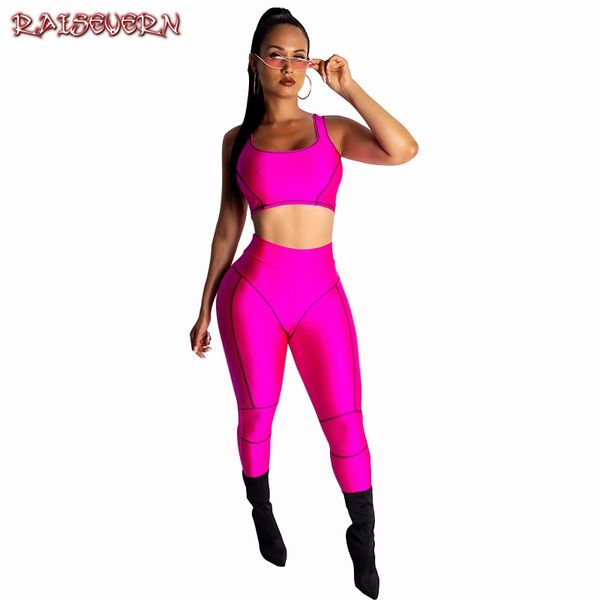 

raisevern women sleeveless crop long high waist pants two pieces set lady fashion casual sports solid skinny tracksuit, White