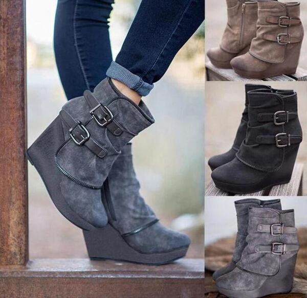 

winter snow round toe slip on casual wedge shoes high heels women rome ankle boots plus size 35-43 mujer g472 mx200324, Black