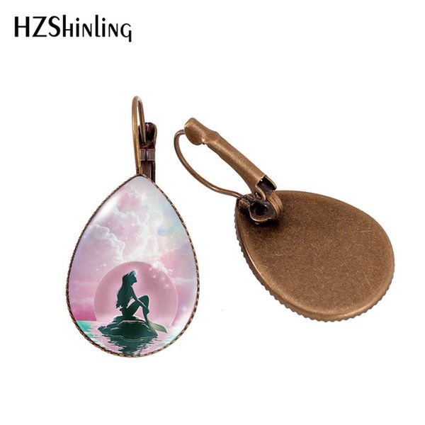 

2019 new little mermaid moon tear drop ear clip full moon with mermaid earring clips glass dome handmade jewelry, Silver