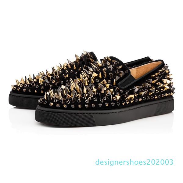 

luxury casual red bottom sole ace glitter rivet studded spikes bead velvet leather business party men women brand design flats loafers d03, Black