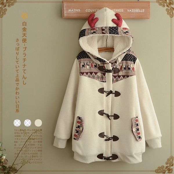 

harajuku winter college wind hooded coat women mori girl patchwork antler horn buckle plus velvet female sweet blend coats z121, Black