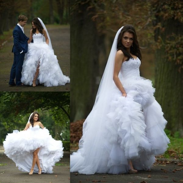 

alluring asymmetrical wedding dresses ball gown sweetheart ruffles tulle backless crystal beaded lace applique wedding bridal gowns, White