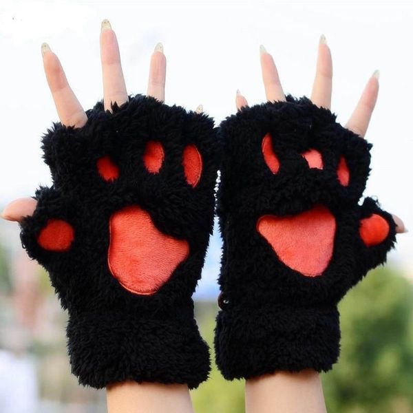 

winter women cute cat claw gloves plush mittens short gloves half finger, Blue;gray