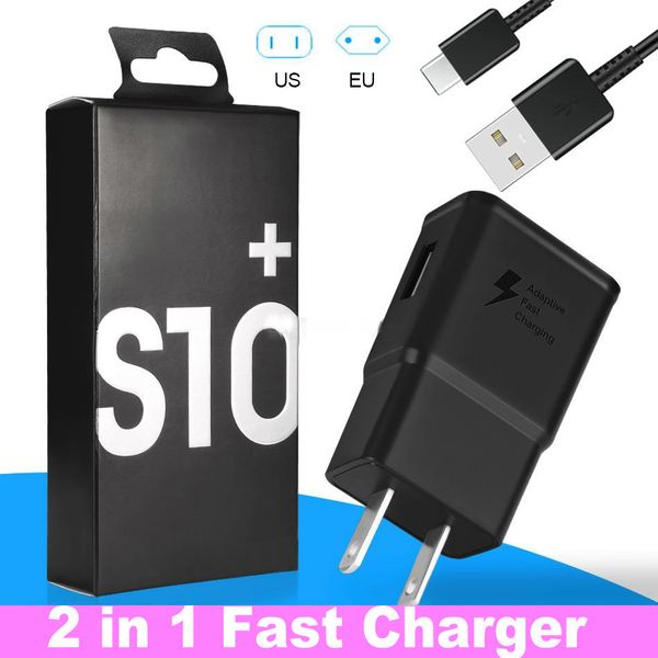 

oem 2 in 1 s10 note 10 fast charger kits + type c able 9v 1.67a eu us home traval usb wall charge adapter s9 s8 1.2m cable with package