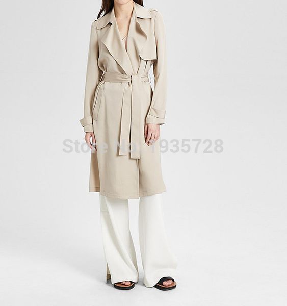 

silk 100% notch collar trench coat - 2019ss new style women/ladies solid color long trench, Tan;black