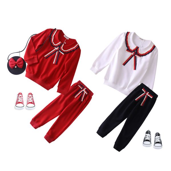 

retail kids designer tracksuits girls sweet ribbon bows lapel 2pcs suits set(pullover+pants) baby tracksuit christmas outfits clothing, White