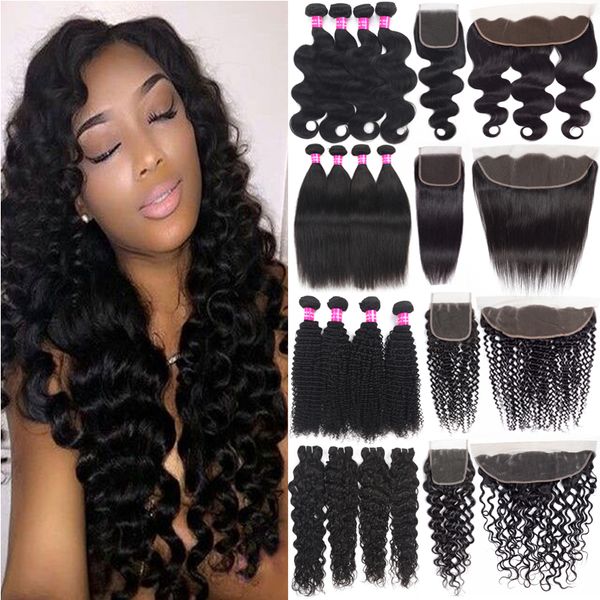 

9a brazilian human hair wefts with lace frontal closure ear to ear 13x4 brazilian deep curly wave virgin hair bundles with lace closure, Black;brown