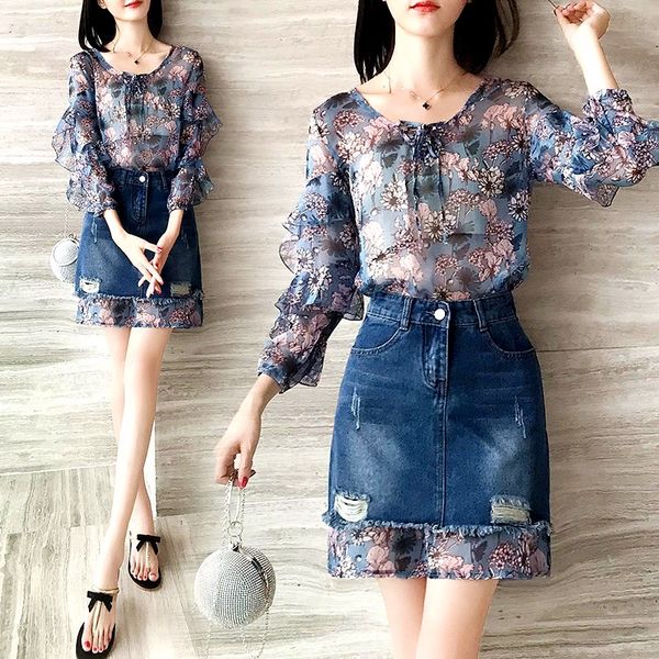 

women summer spring ruffles sleeve v neck lace-up collar long floral printed blouses and denim skirt suit sets cc072, White;black