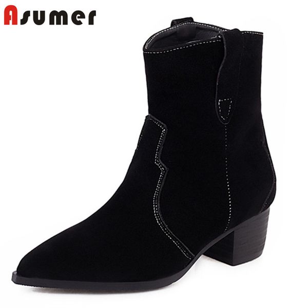 

asumer 2020 ankle boots women flock pointed toe cowboy european western boots med heel fashion casual shoes female, Black
