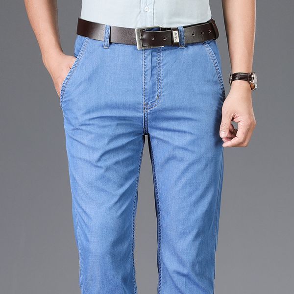 

icpans 2020 летние тонкие мужские денима джинсы синий straight stretch классический jenas для мужской середины талии размер 38 40 42 джинсы, Blue