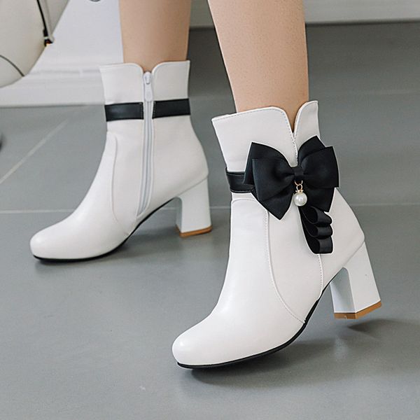 

boots women winter shoes fashion new women bow-knotted round toe high heels pure color zipper warm ankle boots zapatos mujer, Black