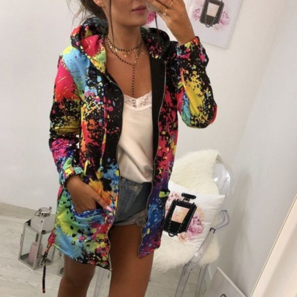 

women's long sleeve hooded colorful windbreaker jacket floral print zipper coat splash-ink, Black;brown