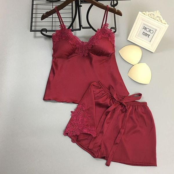 

ice silk women pajama set bigh bow with pad female summer pijama, Black;red