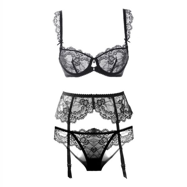 

women's thin transparent lace large size non-sponge ultra-thin underwear garter three-piece set, Red;black