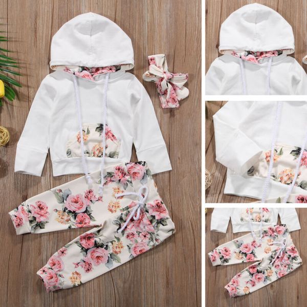 

infant baby girls floral outfit clothes tracksuit hooded +leggings pants set, White