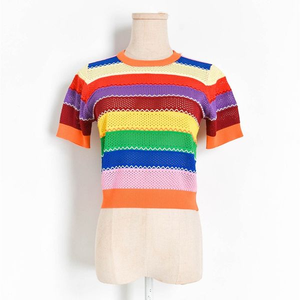 

designer knitted pullovers for women o neck contrast color rainbow stripe hollow out knitted sweater, White;black