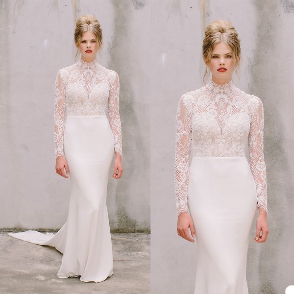 

high-neck mermaid wedding dresses elegant long sleeves appliqued lace ruched satin wedding gown sweep train vestidos de novia cheap, White