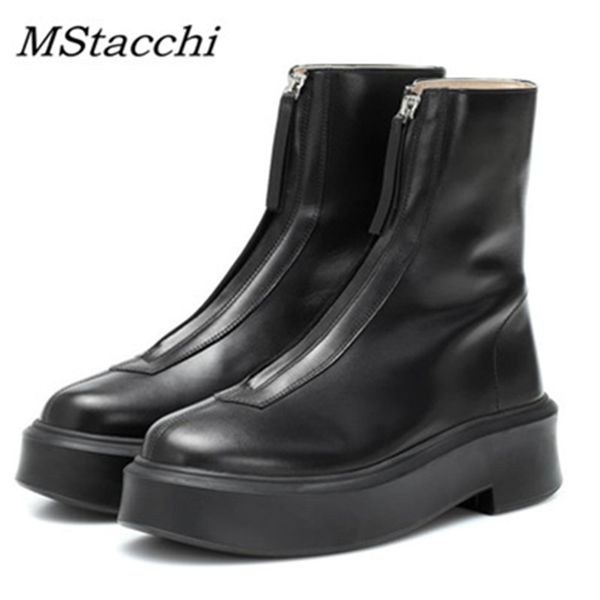 

mstacchi black punk slip on platform catwalk sock ankle boots for women genuine leather fashion front zipper shoes buty damskie