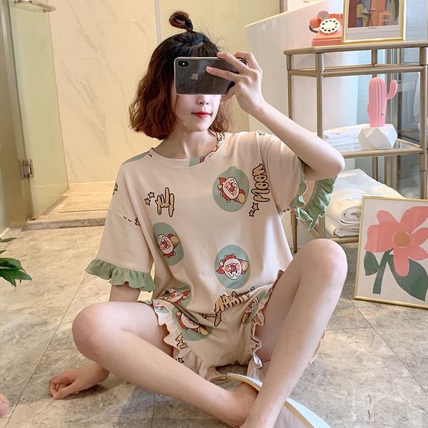 

women's ins style short sleeve pajamas pajamas cotton thin two-piece suit cute autumn home wear, Blue;red