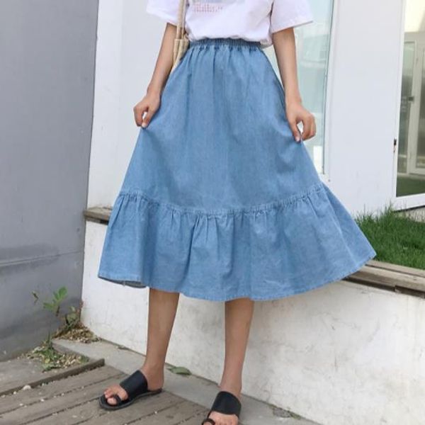 

ruffle skirt summer harajuku high waist elastic long skirt women pocket slim jupe femme 2020 ae126, Black