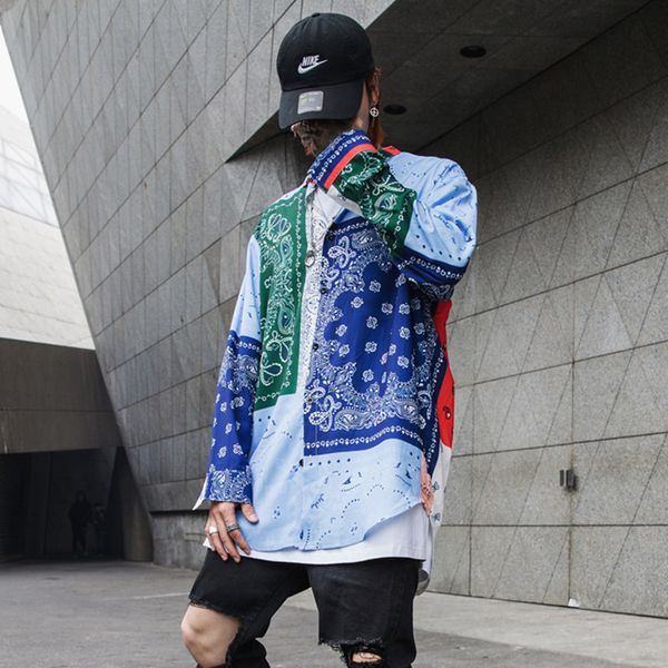 

men print shirt high street hip hop casual long sleeve shirt male vintage pattern streetwear loose, White;black