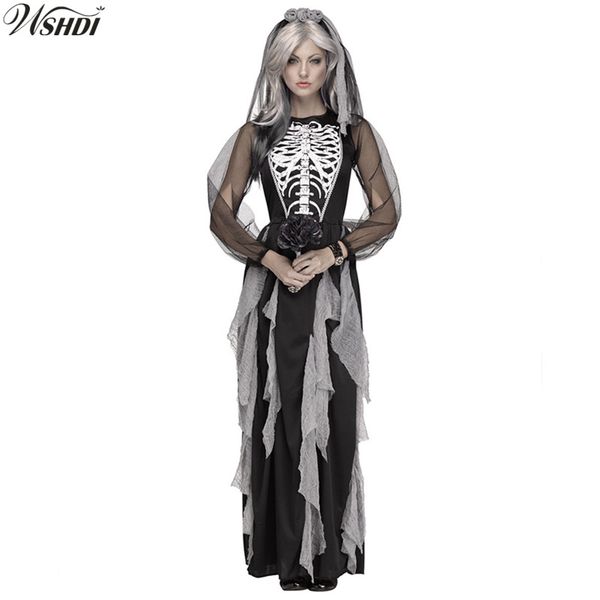 

skull skeleton scary cosplay costumes halloween costumes for women horror ghost bride zombie party dress, Black;red