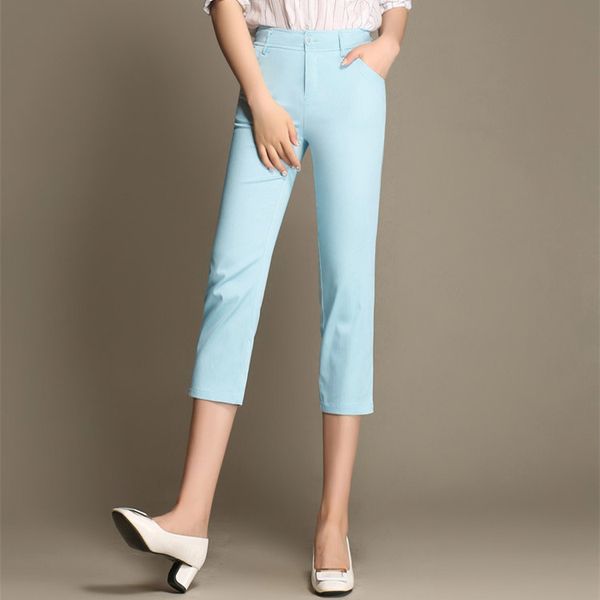 

office ladies summer work wear calf length pant black white khaki blue korean slim casual capri trouser cotton pantalon femme