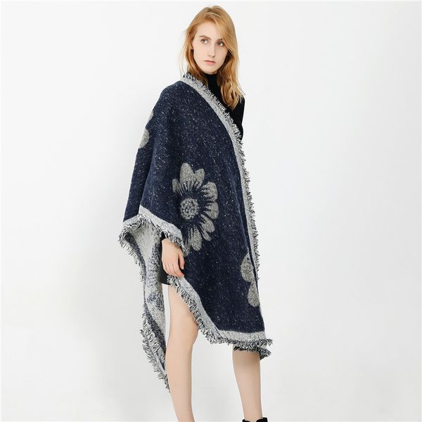 

2019 autumn and winter new european and american street fashion large flower pattern warm cashmere scarf shawl female, Blue;gray