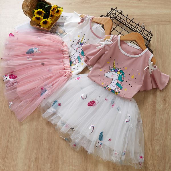 

2pcs/set gir fashion printed short-sleeved t-shirt + bubble skirt stylish suit