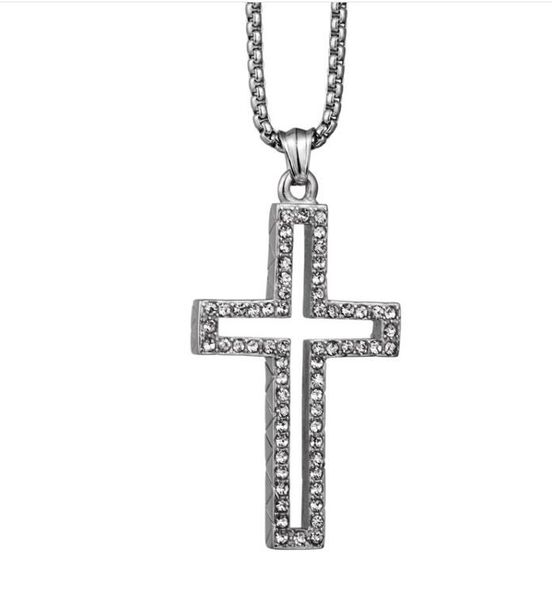 

new designer hip hop hollow full diamond cross titanium steel necklace jewelry fashion personality exaggeration luxury cross pendant jewelry, Silver