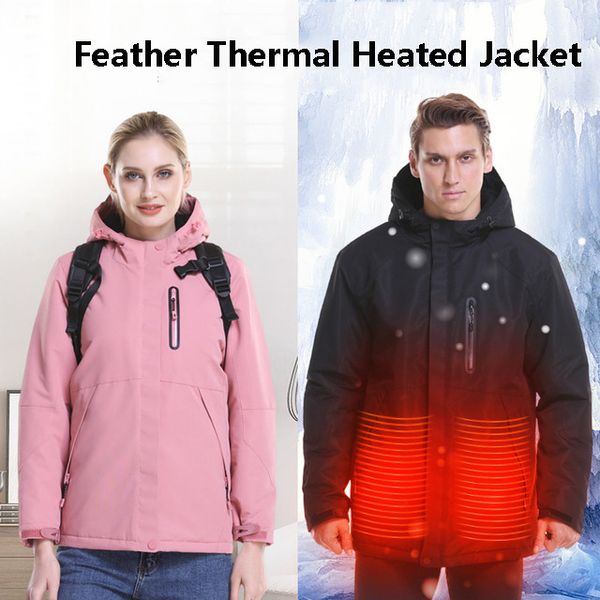 

mens women feather thermal heated outdoor vest coat usb electric battery long sleeves heating hooded jacket warm winter clothing, Blue;black