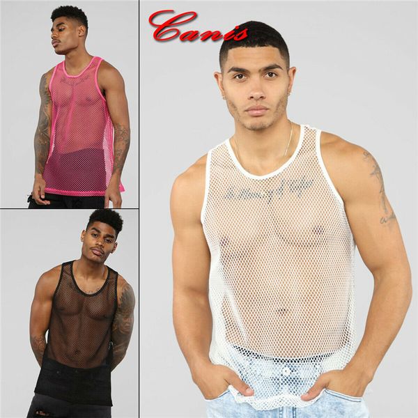 

casual undershirt men' transparent t shirt mesh see through tees man tight singlet gay thin shaper male undershirts, White;black