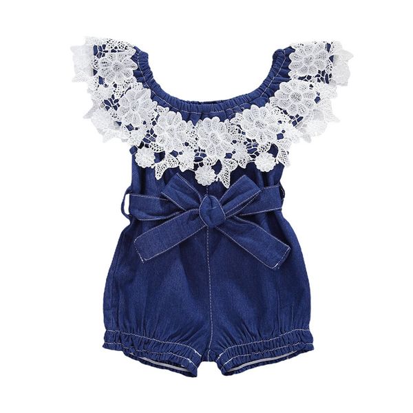 

jumpsuits 2021 cute infant baby girl lace denim romper 0-24m summer flowers ruffle off shoulder bow blue jumpsuit playsuit outfit