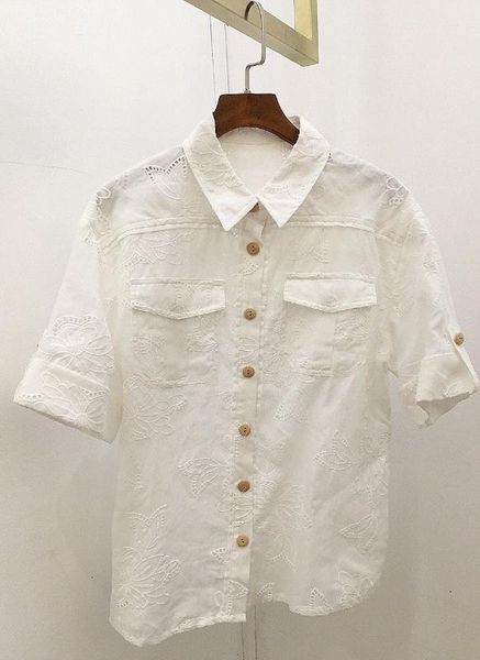 

2020 new ladies fashion short sleeve lapel embroidered 0517, White