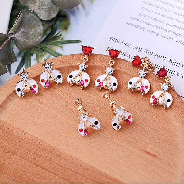 

kissme two-type red heart crystal white enamel ladybird screw-back clip earrings for women gold color fashion jewelry ear pins, Silver